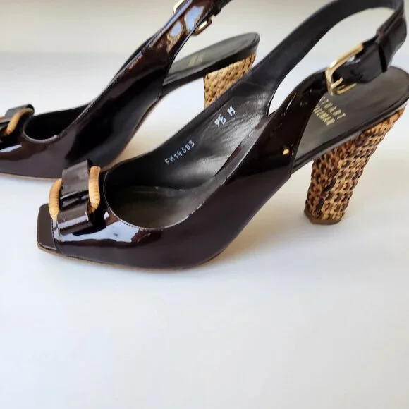 Stuart Weitzman Brown Patent Leather Slingback Heels Woven Block Heel Bows 9.5 M - Picture 5 of 15